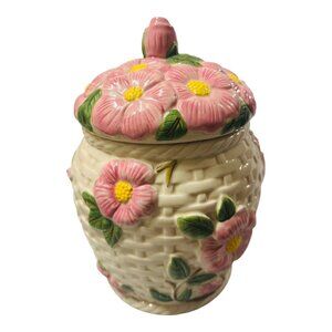 Vintage Fitz & Floyd Floral Ceramic Cookie Jar W Lid - Pink Flower Basket Design